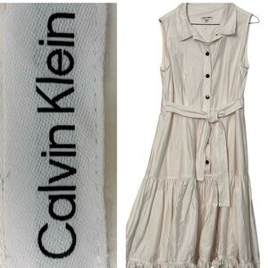 Calvin Klein White Dress Sleeveless Drop Waist Belted Ruffle Hem Festival Sz 12
